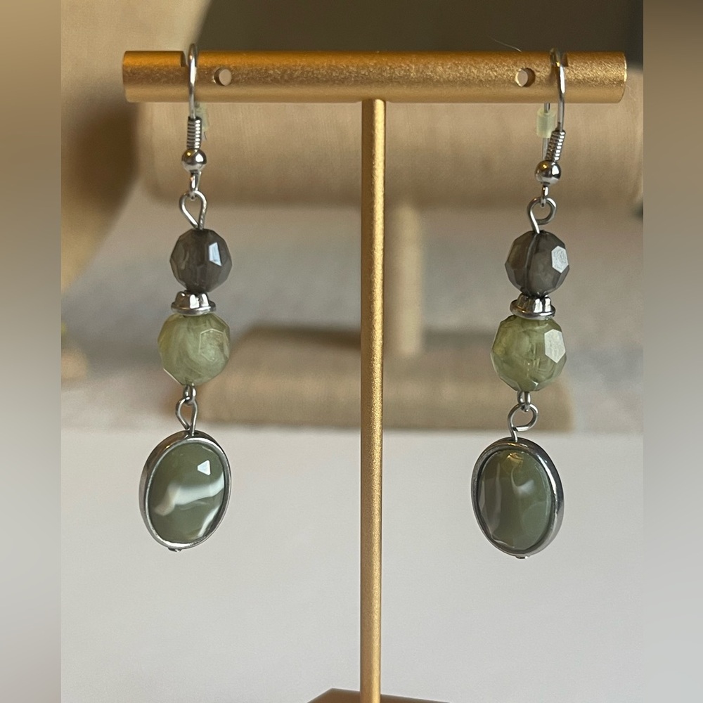 Elegant Green and Gray w/some white Dangle Earrings